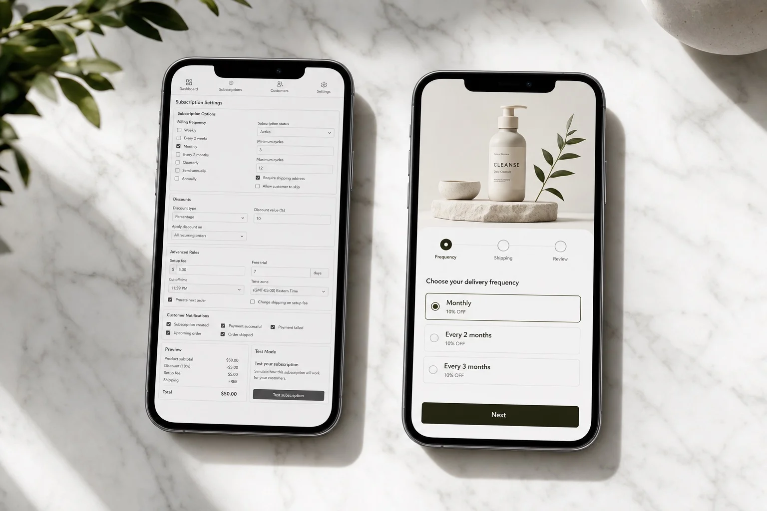 Side by side comparison of a cluttered subscription app setup vs a clean simple one-click configuration screen