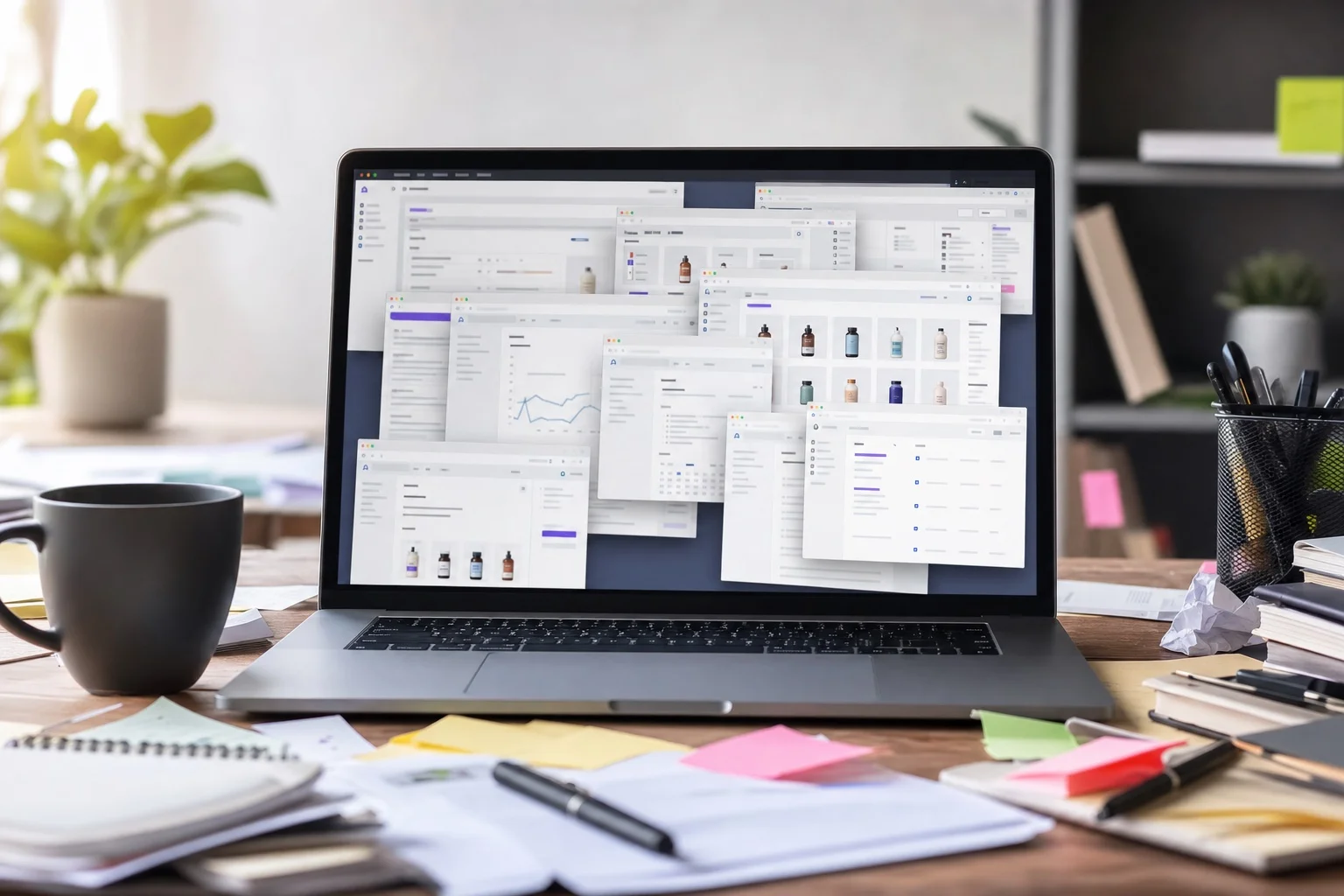 A frustrated Shopify merchant looking at multiple app dashboards on their screen, overwhelmed by juggling different subscription tools
