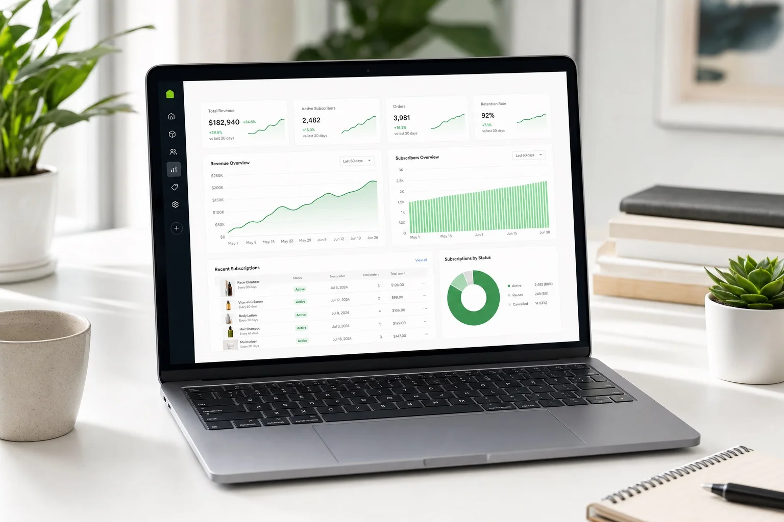 A happy Shopify merchant looking at their subscription dashboard showing growing recurring revenue and active subscribers