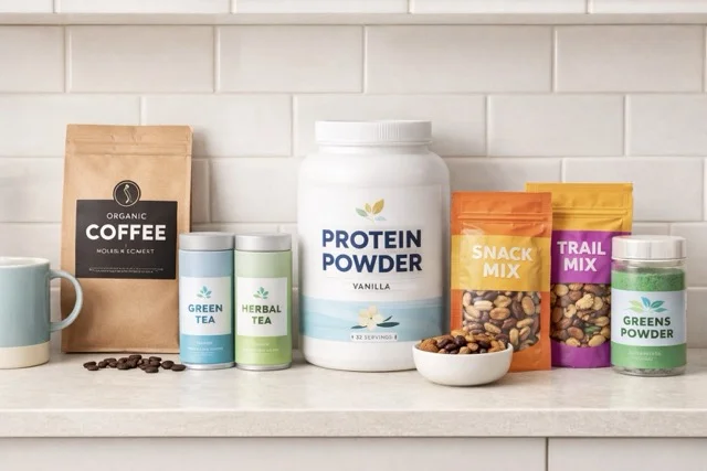 Kitchen shelf with coffee, tea, protein powder, snack mix, trail mix, and greens powder — common food and beverage subscription products
