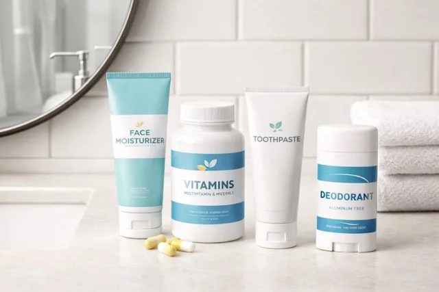 Bathroom counter with face moisturizer, vitamins, toothpaste, and deodorant — everyday personal care subscription products