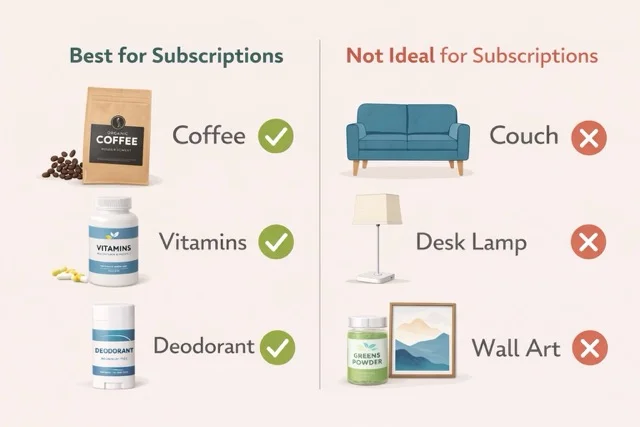 Comparison chart showing products best for subscriptions (coffee, vitamins, deodorant) versus products not ideal for subscriptions (couch, desk lamp, wall art)