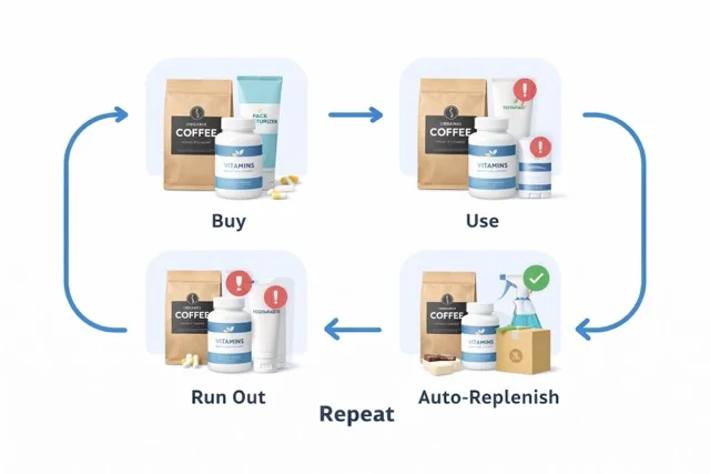 Diagram showing the subscription replenishment cycle: Buy, Use, Run Out, Auto-Replenish, Repeat