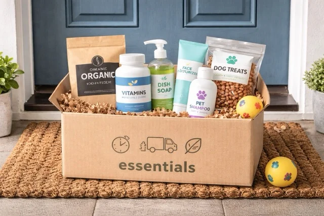Subscription delivery box on a doorstep containing vitamins, dish soap, coffee, pet shampoo, and dog treats