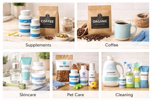 Multi-panel collage showing subscription product categories: supplements, coffee, skincare, pet care, and cleaning products