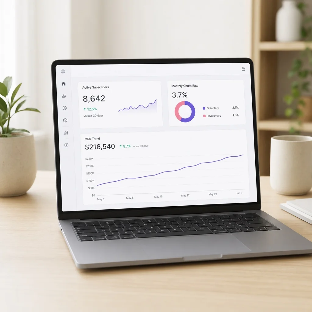 A clean subscription analytics view showing active subscriber count, monthly churn rate, churn by product, and cohort retention, on a neutral background