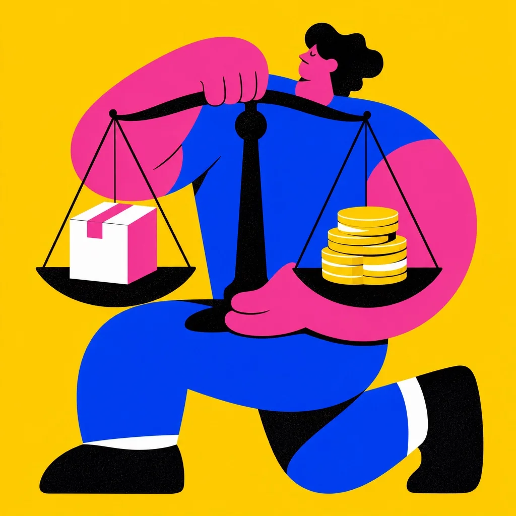Abstract stylized figure weighing a subscription box against a pile of coins on a scale, bold flat illustration on bright yellow background