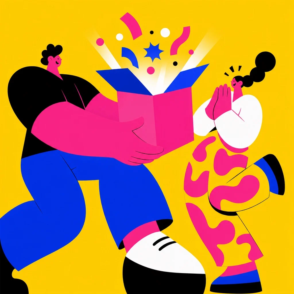 Abstract stylized figure presenting a glowing subscription box to a delighted customer, bold flat illustration on bright yellow background