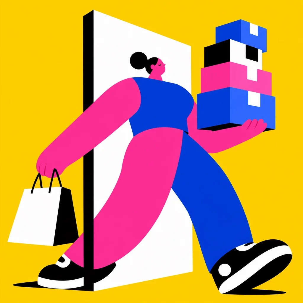 Abstract stylized figure walking through a revolving door from one-time purchase to subscription, bold flat illustration on bright yellow background