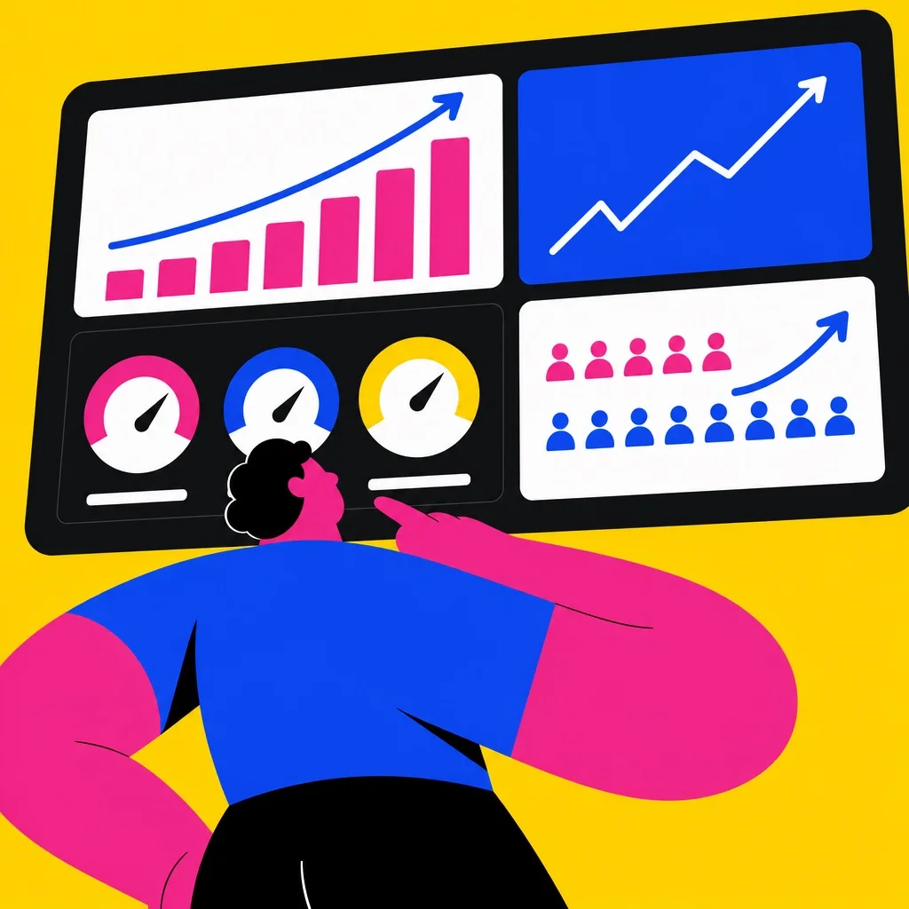 Abstract stylized figure reviewing subscription analytics dashboard with growing charts, bold flat illustration on bright yellow background