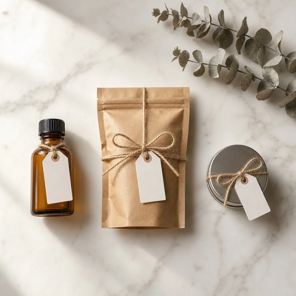 A flatlay on white marble showing three small product bottles with sticky notes reading "monthly" "every 2 months" and "weekly" in pencil, soft natural light