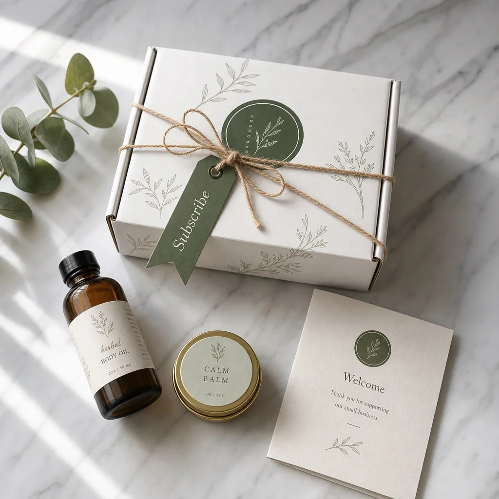 An overhead flatlay of a Shopify subscription app icon tile on a neutral background with a few product packaging elements and a small green "installed" checkmark card in pencil, clean natural light