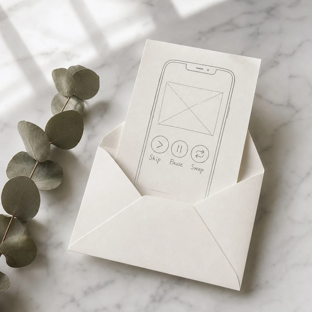 A minimal flatlay on white marble of a small open envelope with a printed card showing a clean portal preview sketch — skip, swap, pause options drawn in pencil — alongside a sprig of dried eucalyptus, soft light