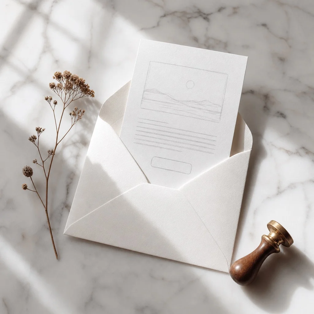 A white envelope with a folded letter card partially pulled out showing a clean minimal email layout sketched in pencil, a dried botanical sprig and a wax seal stamp beside it on white marble, soft natural window light