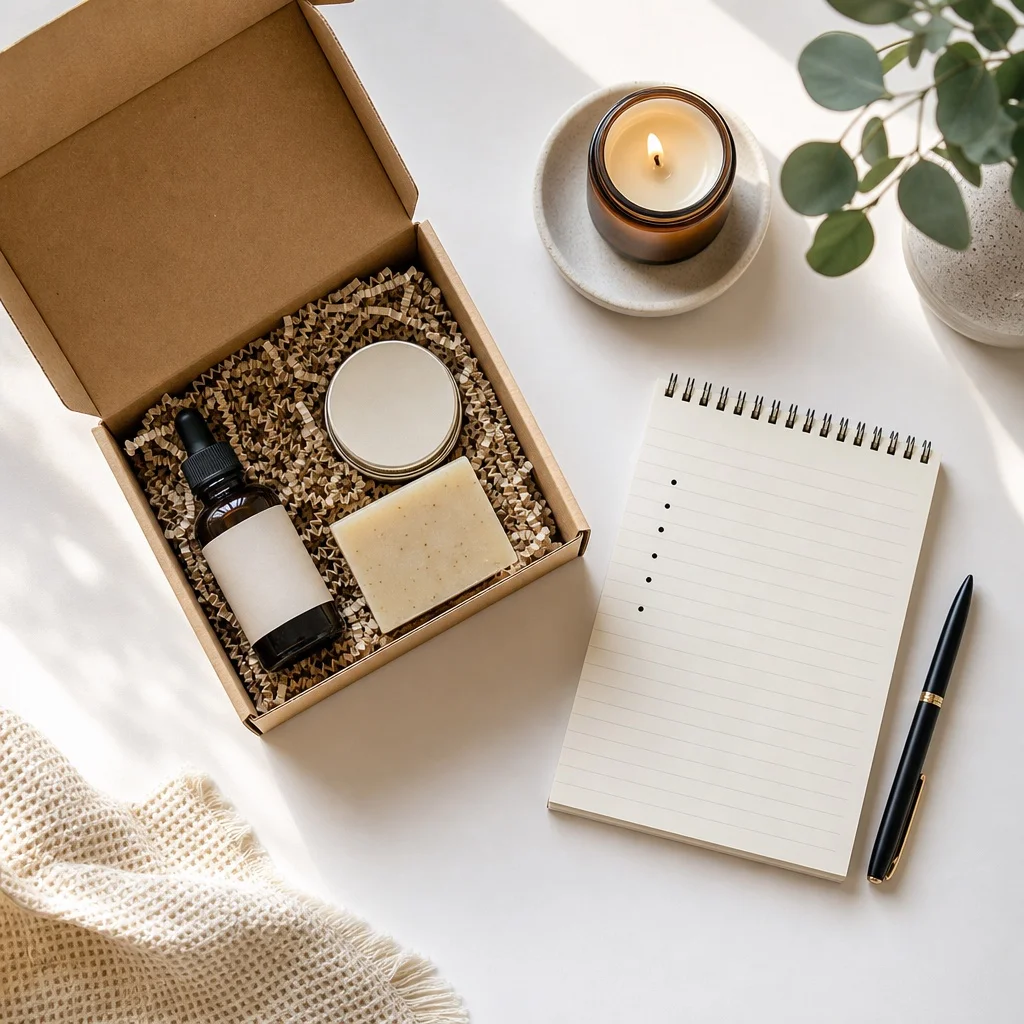 A Shopify merchant planning their subscription box niche with product samples laid out on a table, taking notes