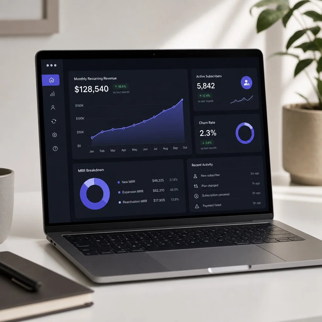 A laptop on a clean minimal desk showing a subscription analytics dashboard with MRR trend line, monthly churn rate, and active subscriber count displayed in a dark mode interface