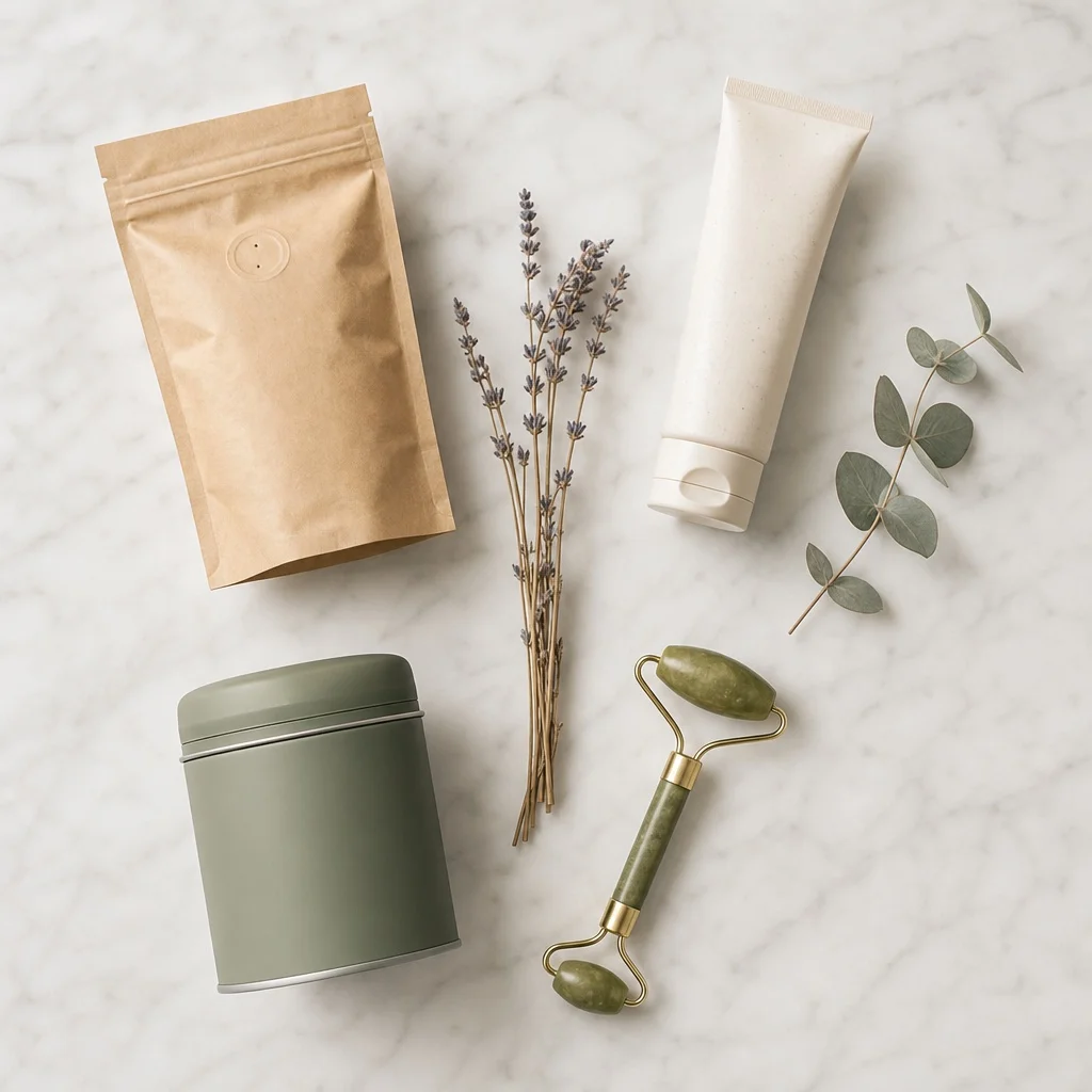 A flatlay arrangement of niche subscription box product categories — specialty coffee bags, skincare tubes, and small wellness items arranged on white marble with natural light