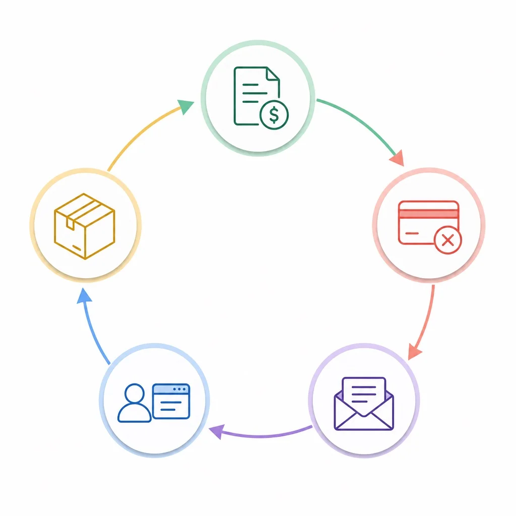 A clean minimal workflow diagram on white background showing five automated subscription tasks — billing, retry, email, portal, fulfillment — connected by arrows in a circular loop