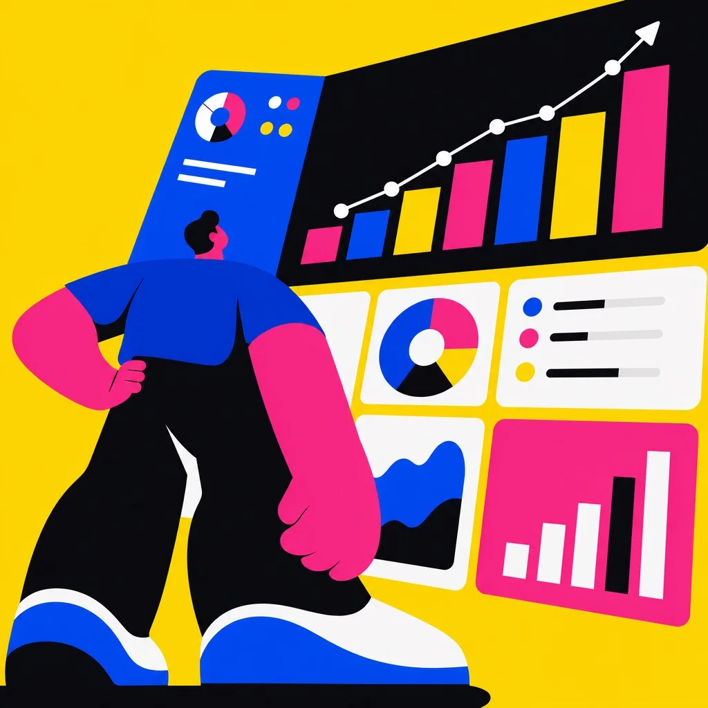 Stylized figure reviewing a checklist of subscription app features on a giant screen