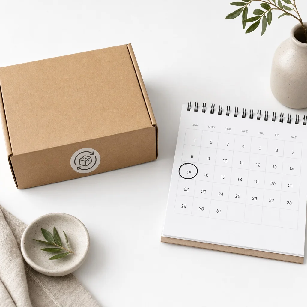 A flatlay on a white surface showing a subscription product box next to a calendar with recurring dates circled, representing automatic monthly delivery