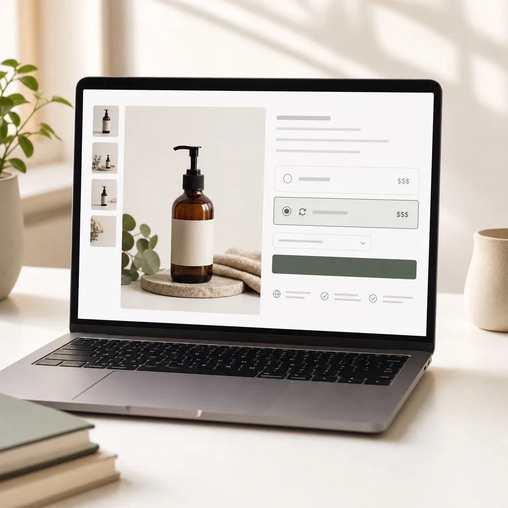 A Shopify product page on a laptop screen showing a subscribe and save toggle alongside a one-time purchase option, clean modern ecommerce layout