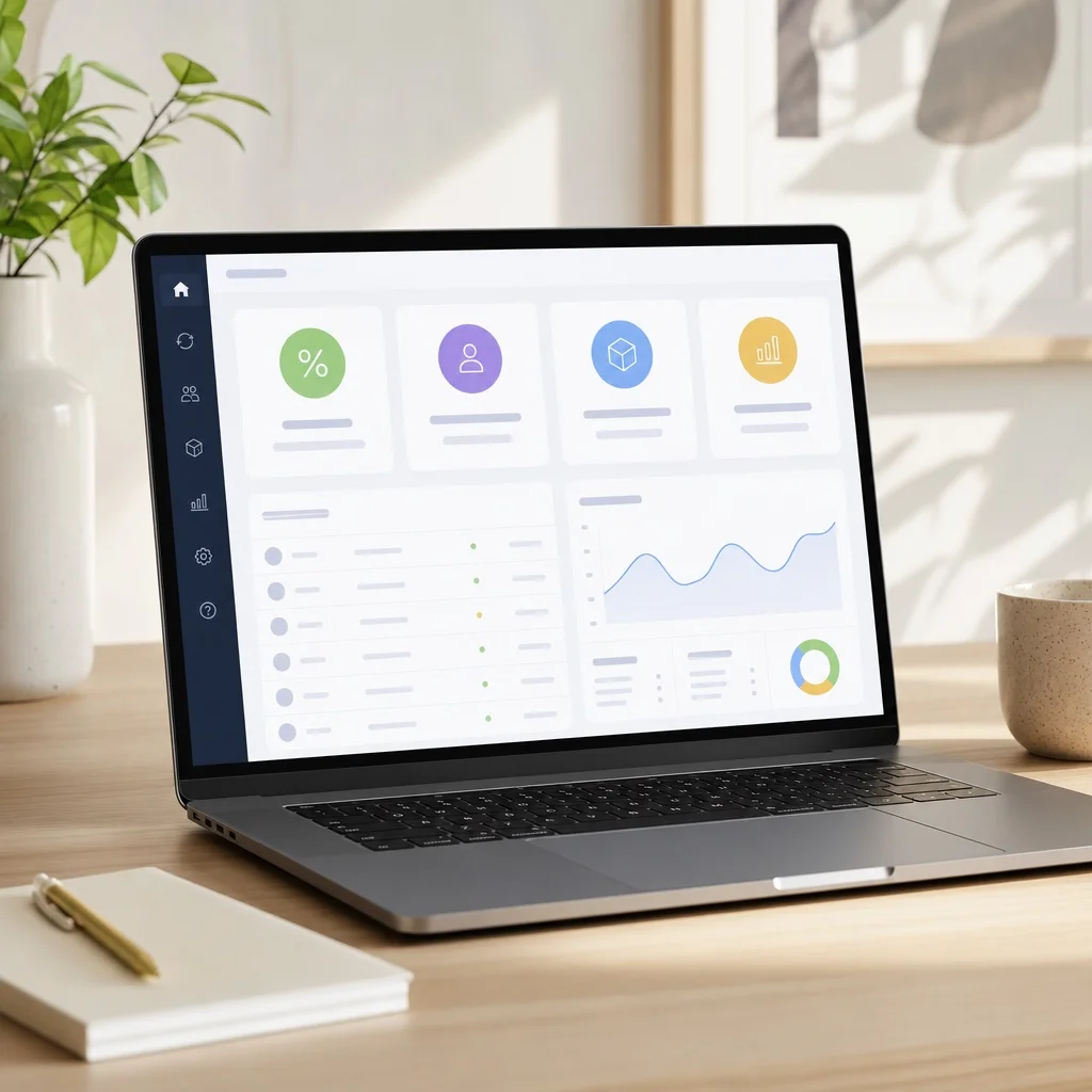 A clean subscription app analytics dashboard showing MRR, active subscriber count, churn rate, and failed payment recovery metrics on a modern laptop screen