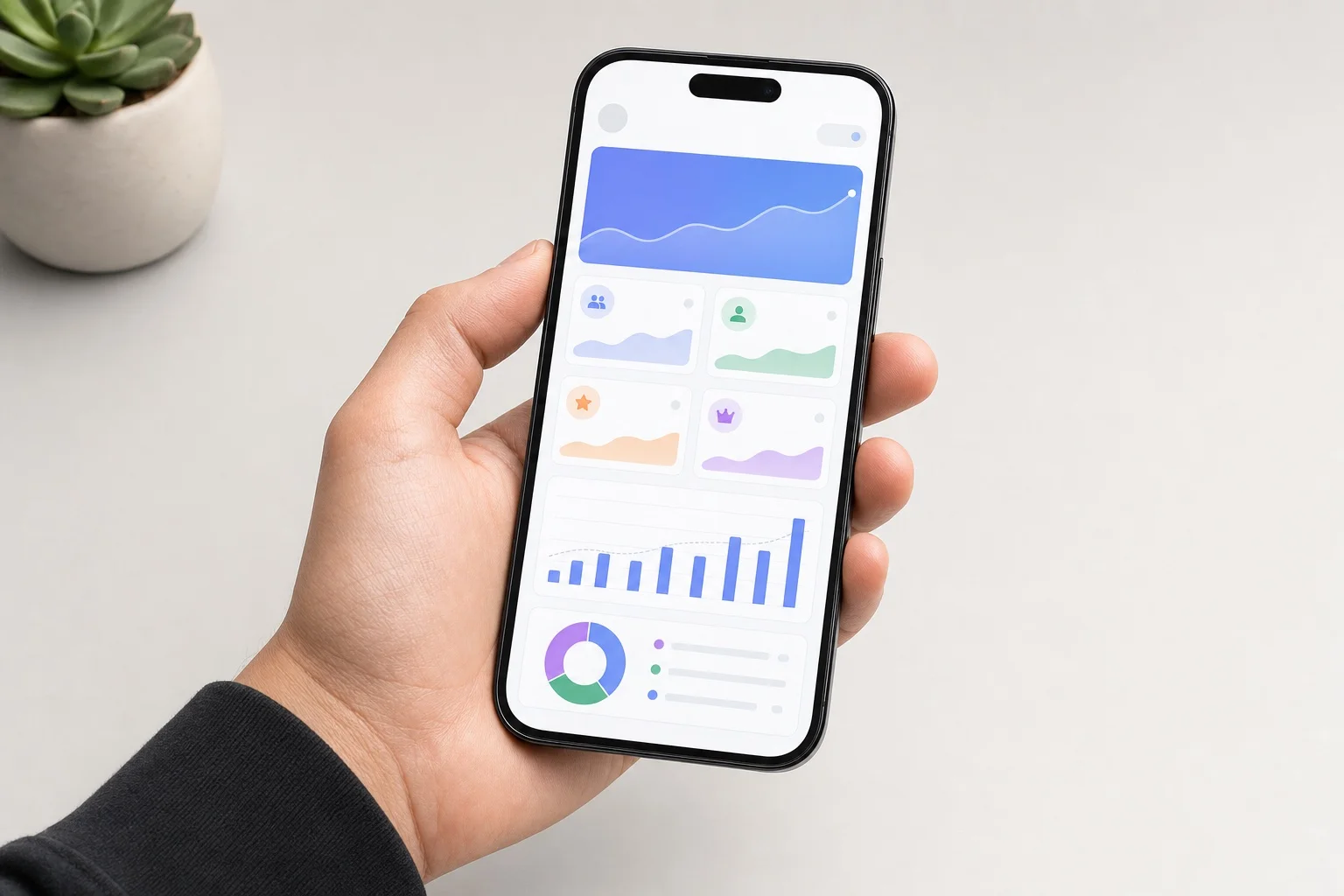 Hand holding a smartphone showing a clean subscription analytics app with charts and KPI cards