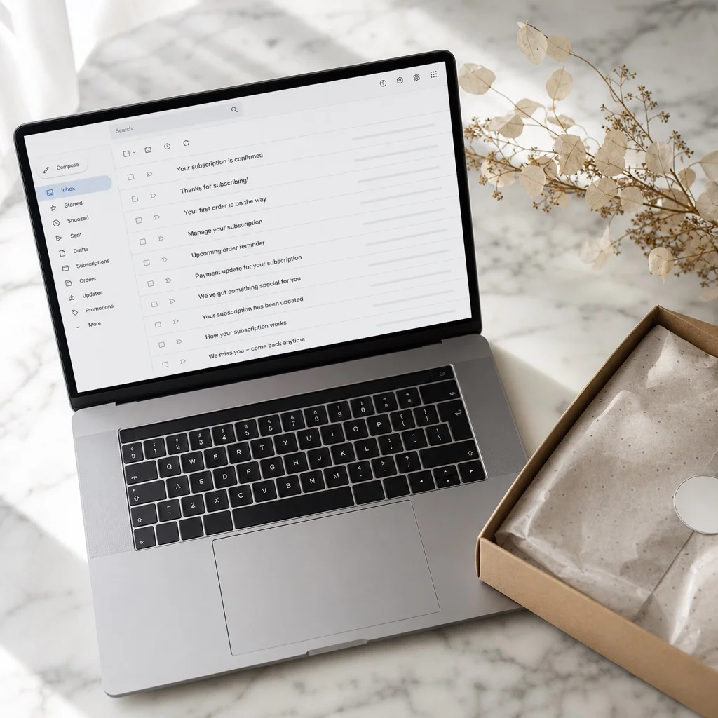 A clean minimal email inbox on a laptop showing several subscription-related email subject lines — renewal reminder, shipping update, subscription confirmed — soft natural light, no brand names