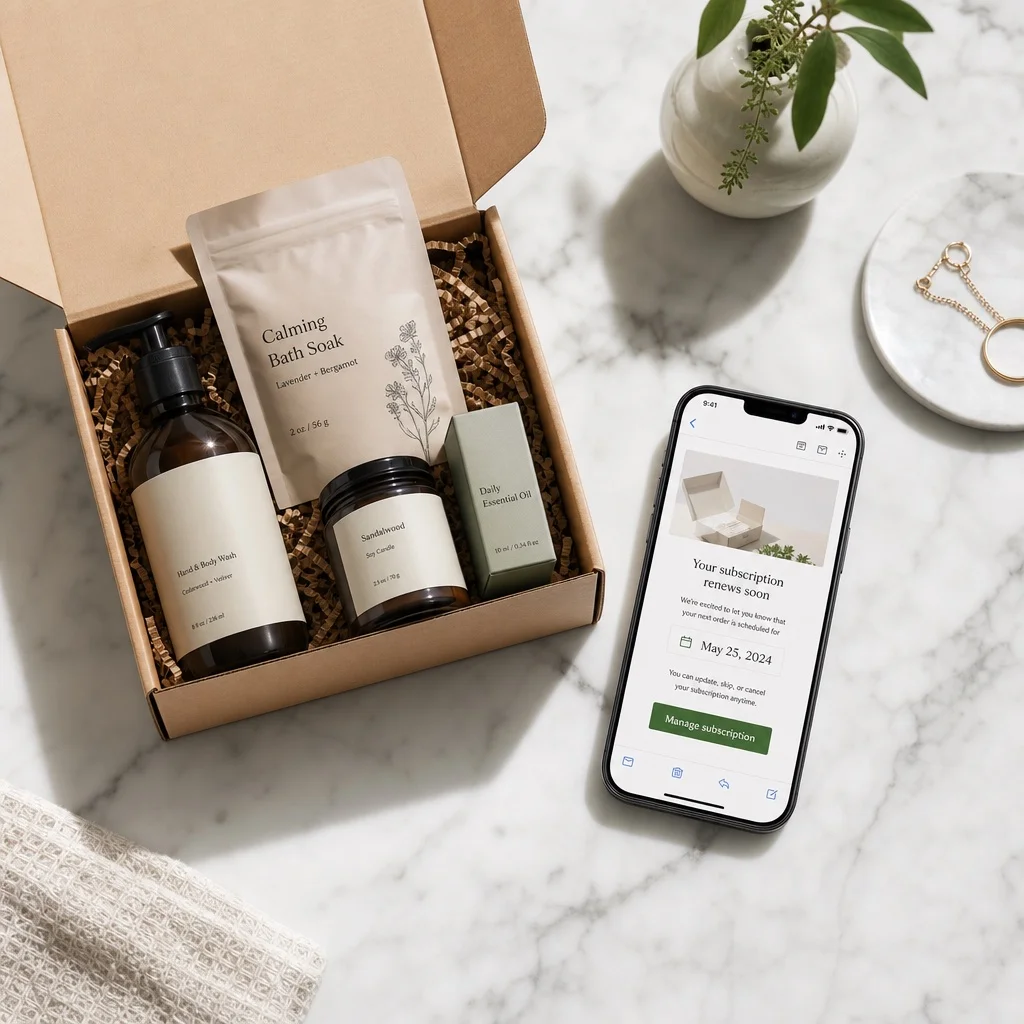 A flatlay overhead shot on white marble — a small open subscription box with products beside a smartphone showing a clean renewal reminder email with a subscription renewal date and a Manage Subscription button
