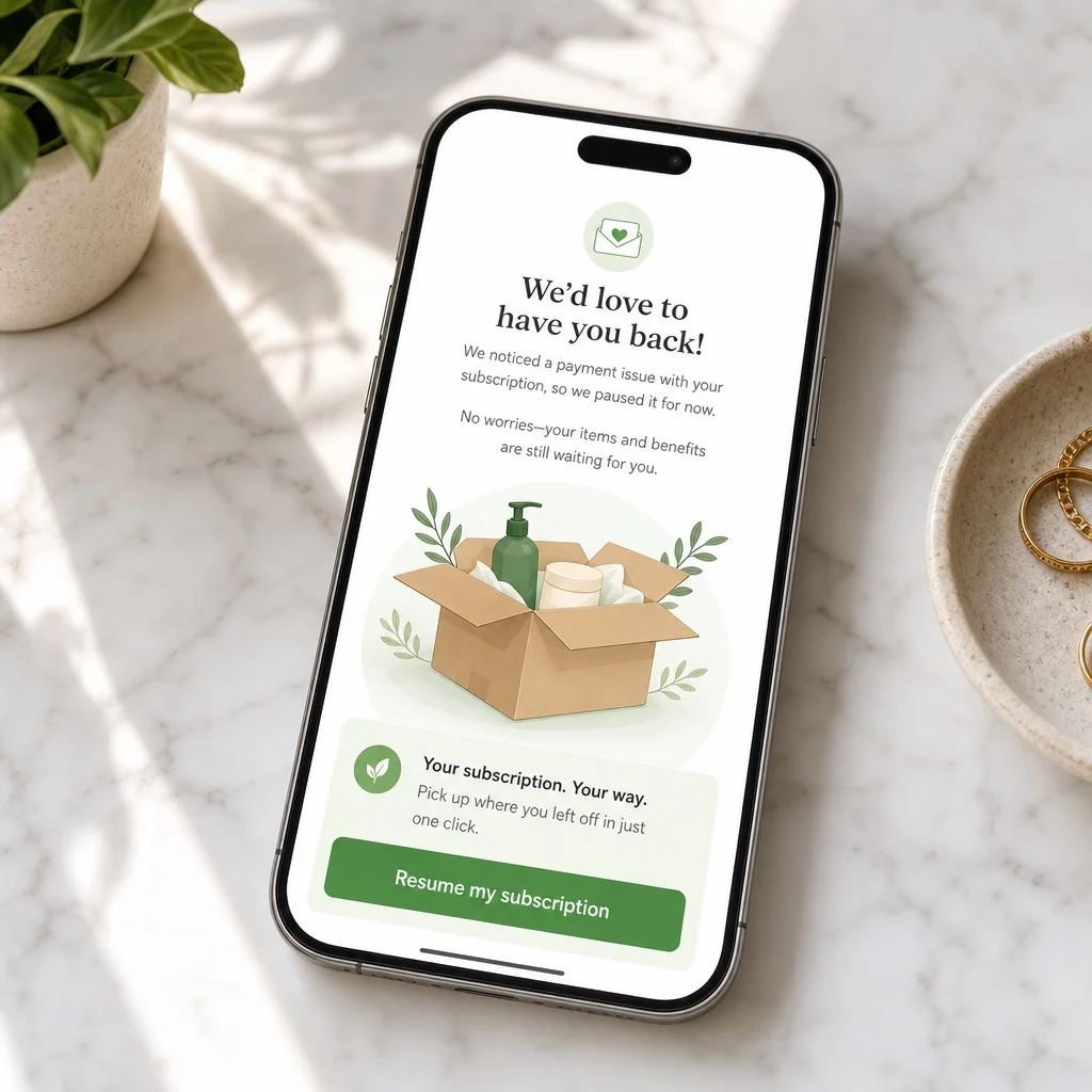 A smartphone on white marble showing a clean positive subscription payment recovery email with a green button reading "Resume my subscription" and a subscription box image above it