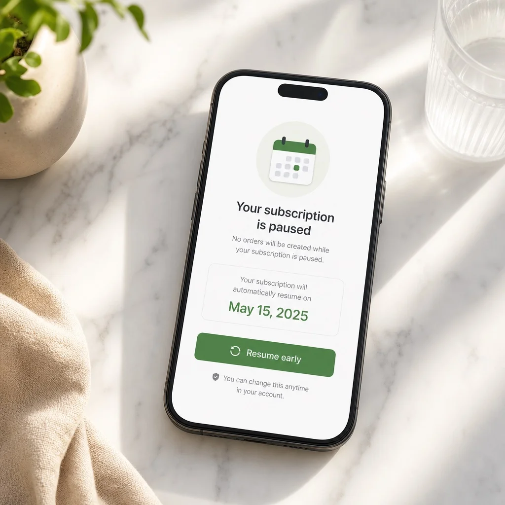 A smartphone on white marble showing a clean subscription pause confirmation screen with a resume date displayed and a green "Resume early" button, soft natural window light
