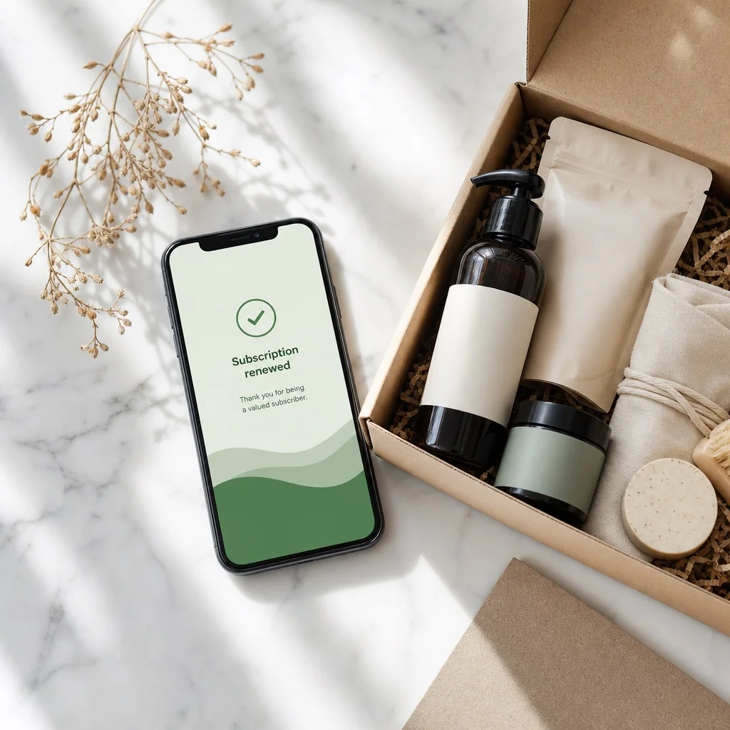 A smartphone on white marble showing a clean green subscription renewed confirmation notification beside an open subscription box with premium lifestyle products and a botanical sprig