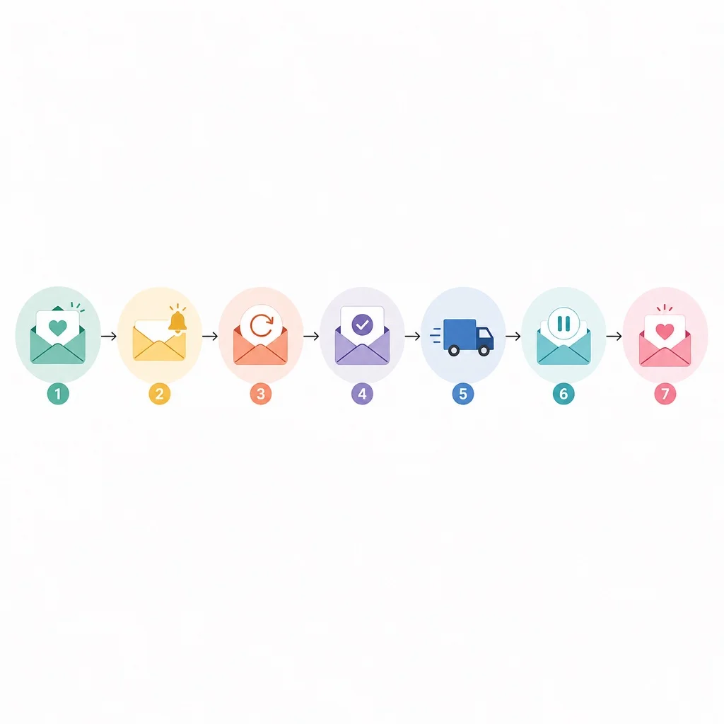 A clean automation workflow diagram on white background showing seven subscription email touchpoints connected in sequence — welcome, reminder, recovery, confirmation, shipping, pause, win-back — with simple icons