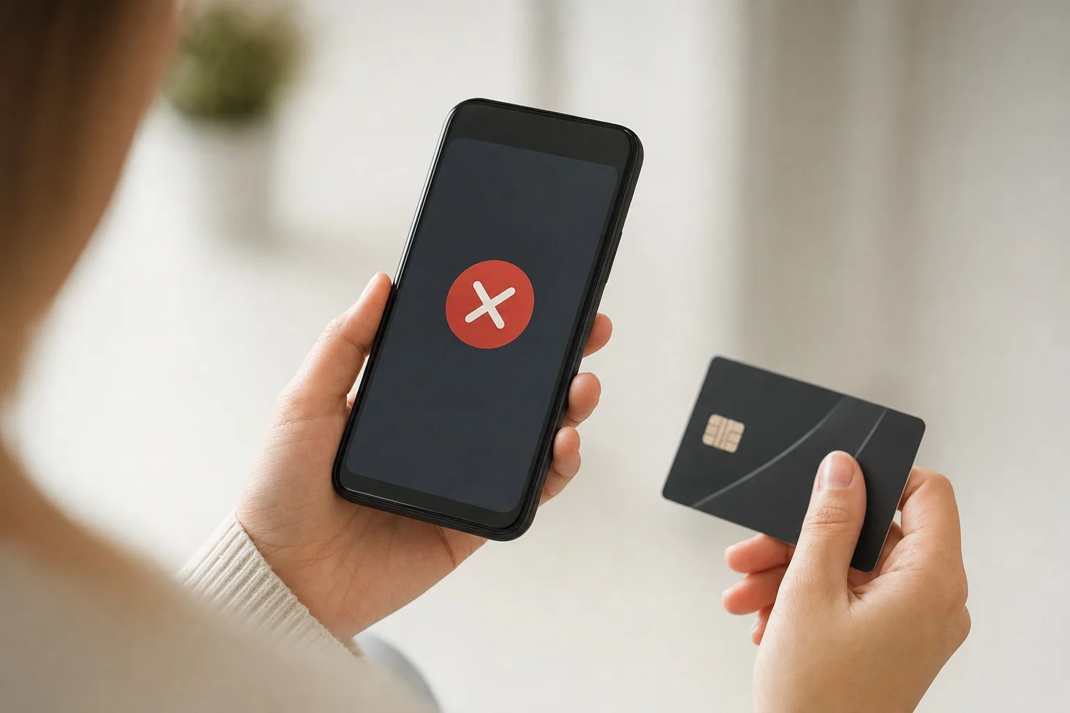 Person holding a credit card looking at a declined payment notification on a smartphone screen.