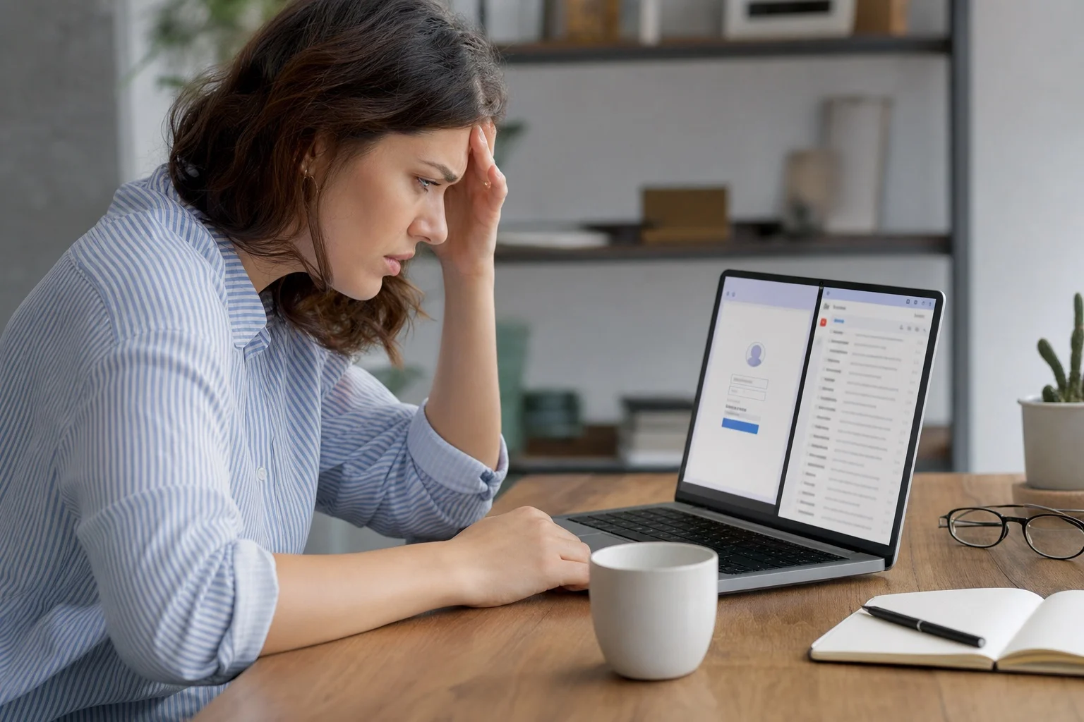 Frustrated merchant navigating a complicated payment update flow with a cluttered inbox of generic failed payment emails.