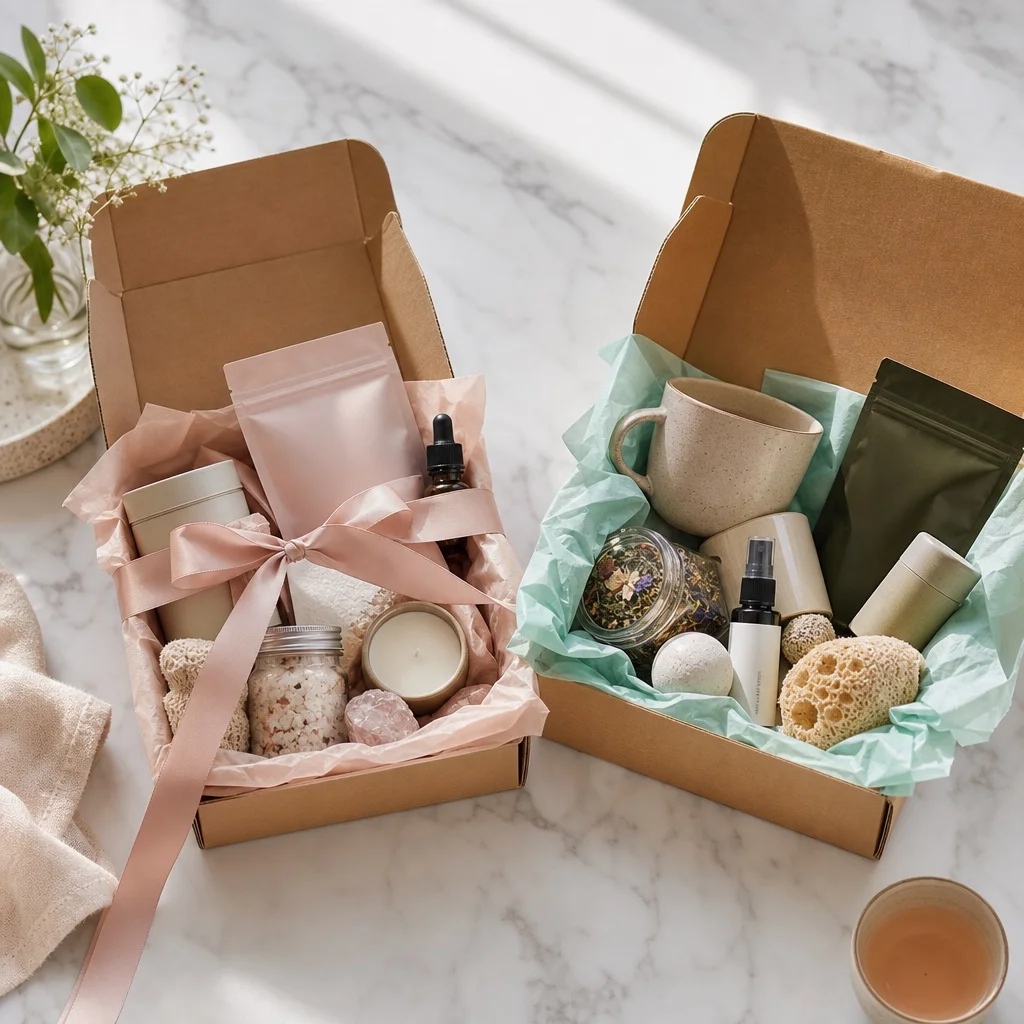 Two subscription gift boxes side by side on white marble — one open showing products, one wrapped with a ribbon — representing the gifter and recipient experience, soft natural overhead light