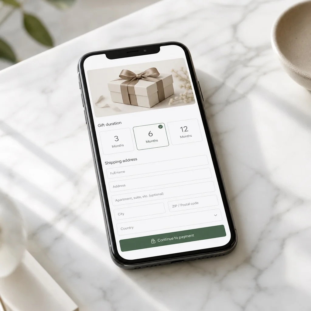 A smartphone on white marble showing a clean gift subscription checkout screen with a duration selector showing 3, 6, and 12 month options, a gift message field, and a delivery date picker — minimal UI, soft natural window light, no brand names