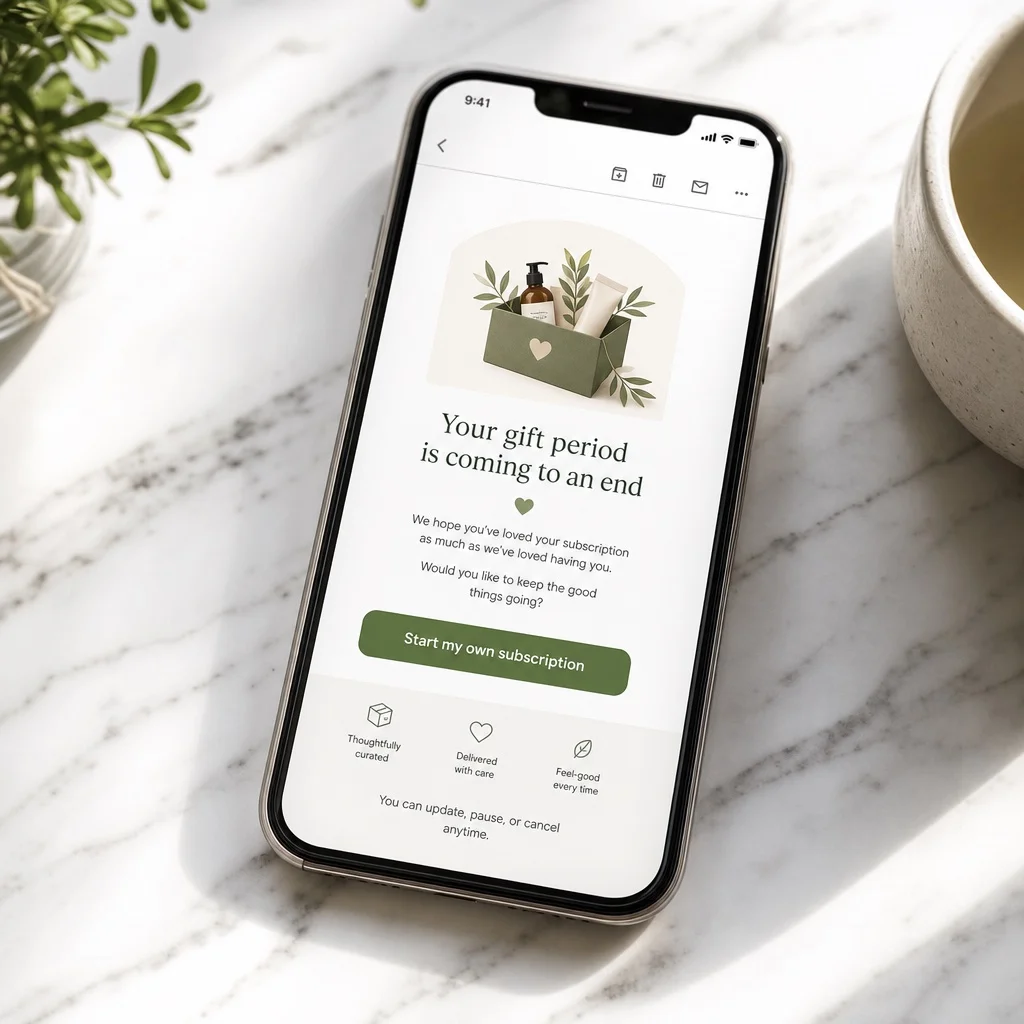 A smartphone on white marble showing a clean subscription renewal offer email to a gift recipient — a warm subject line, a subscription product image, and a green Continue my subscription button — soft natural window light, no brand names