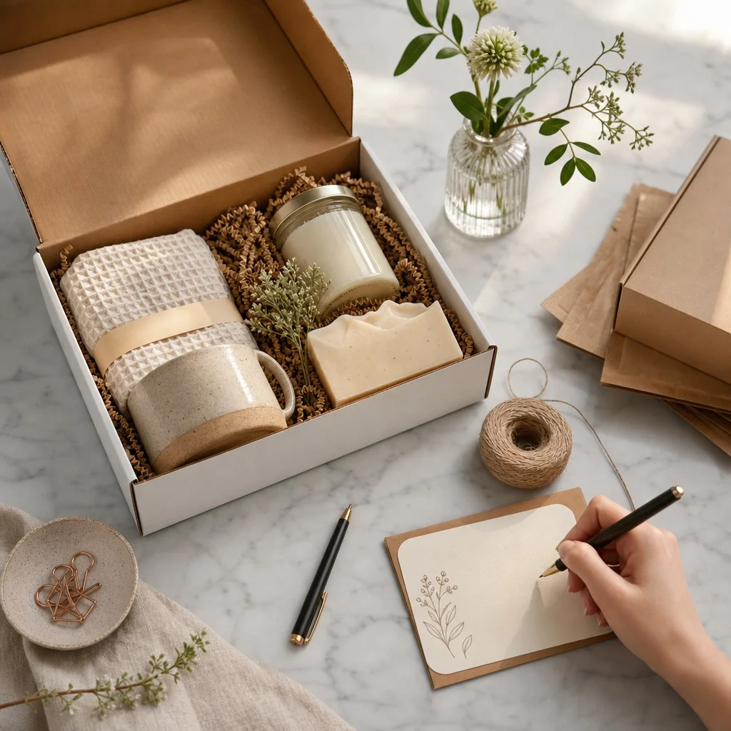 A flatlay of a gift subscription merchant's workspace on white marble — an open subscription box, a handwritten gift card being written, product samples arranged nearby, and a botanical sprig — warm natural window light, editorial photography