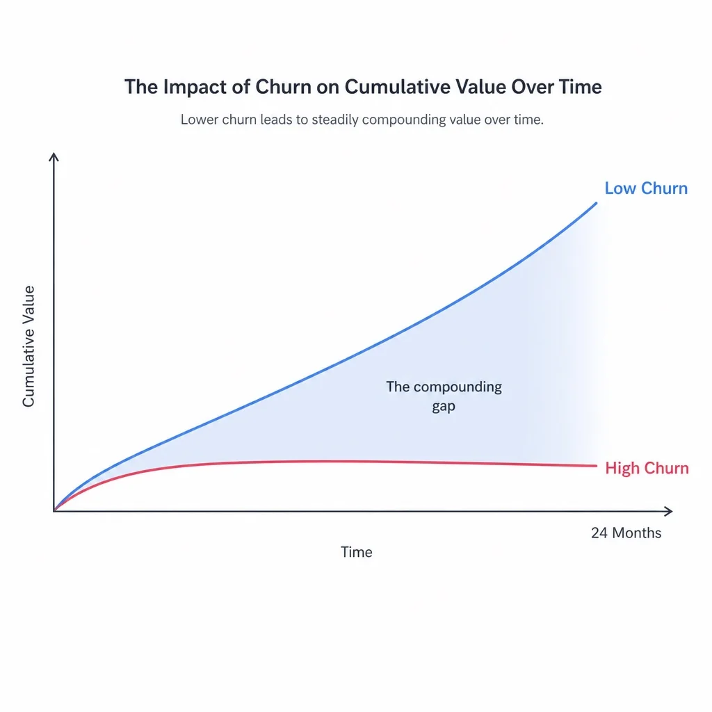 A clean line graph on white marble background showing two LTV curves over 24 months — a lower flat curve labeled high churn and a rising curve labeled low churn — with a highlighted gap between them, minimal editorial infographic style, no brand names
