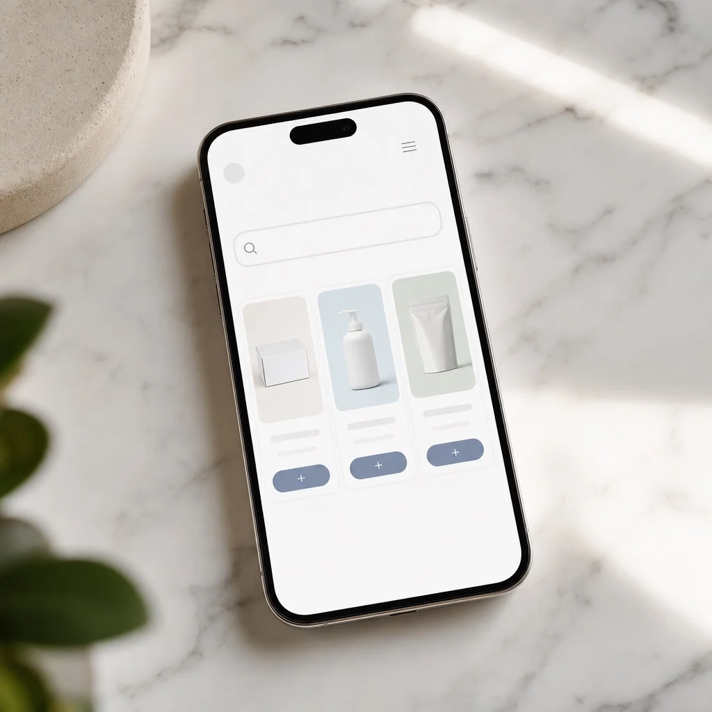 A smartphone on white marble showing a clean subscription portal product browsing screen with a search bar and product cards with Add buttons, minimal UI, soft natural window light, no brand names