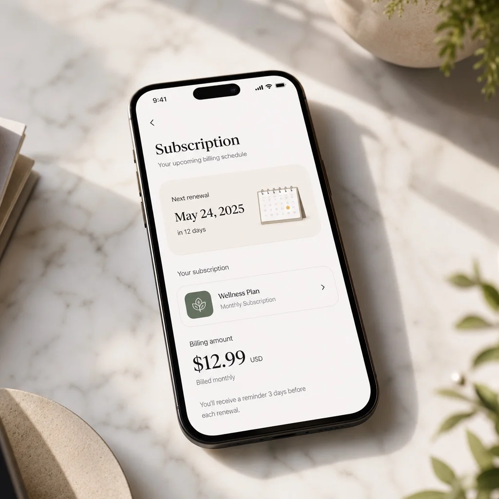 A smartphone lying flat on white marble showing a clean mobile subscription billing interface with next renewal date, product name, and billing amount, soft natural light, no brand names