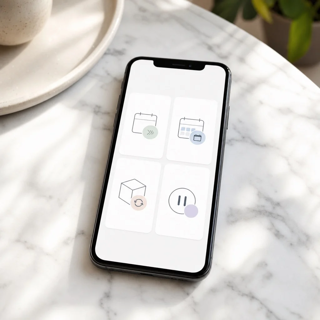 A smartphone on white marble showing a subscription self-serve portal with four action tiles in a grid — Skip Order, Change Date, Swap Product, Pause — clean minimal interface, soft natural window light, no brand names