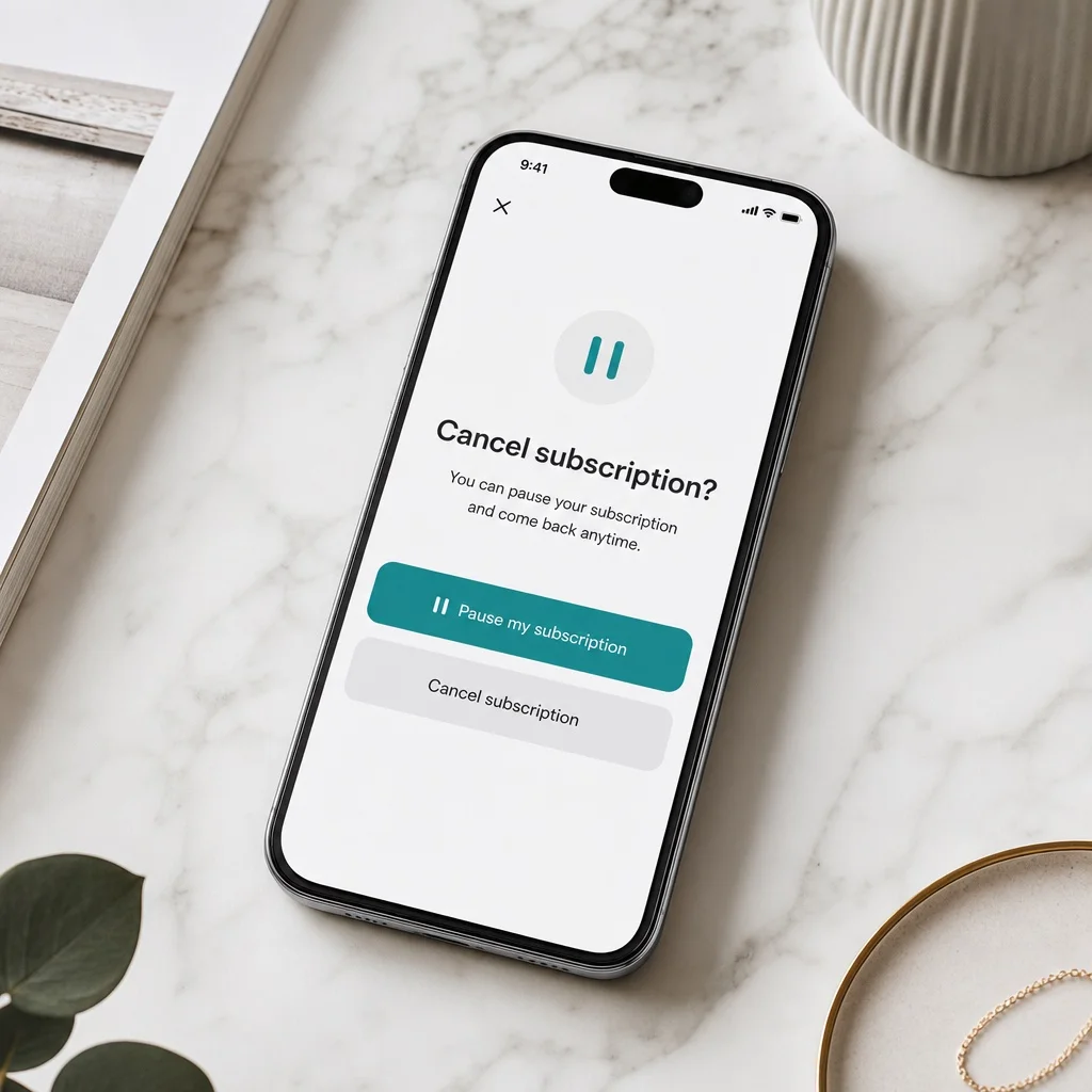 A smartphone on white marble showing a clean cancellation screen with a highlighted teal Pause subscription button above a grey Cancel button, minimal clean UI, soft natural window light, no brand names
