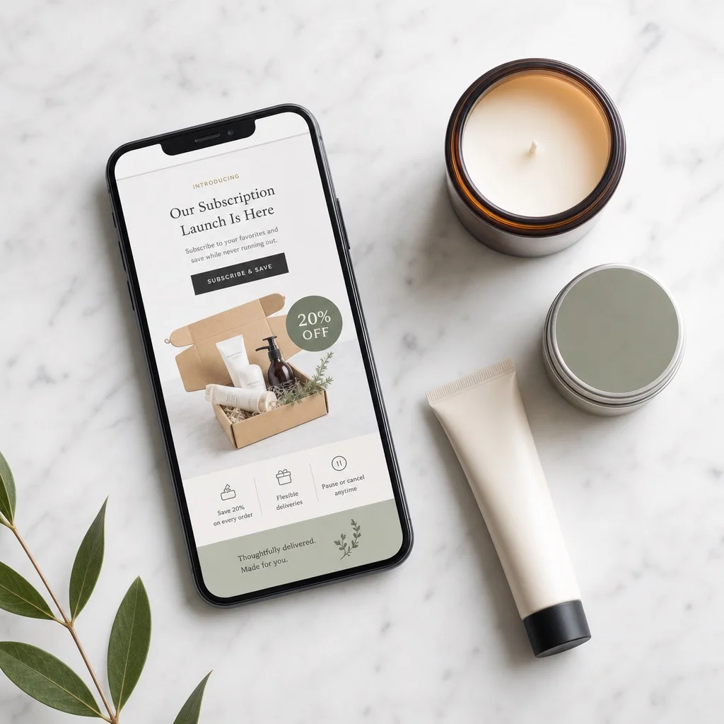 A flatlay of a smartphone showing a clean email campaign for a subscription launch offer with a discount badge, beside subscription product samples on white marble
