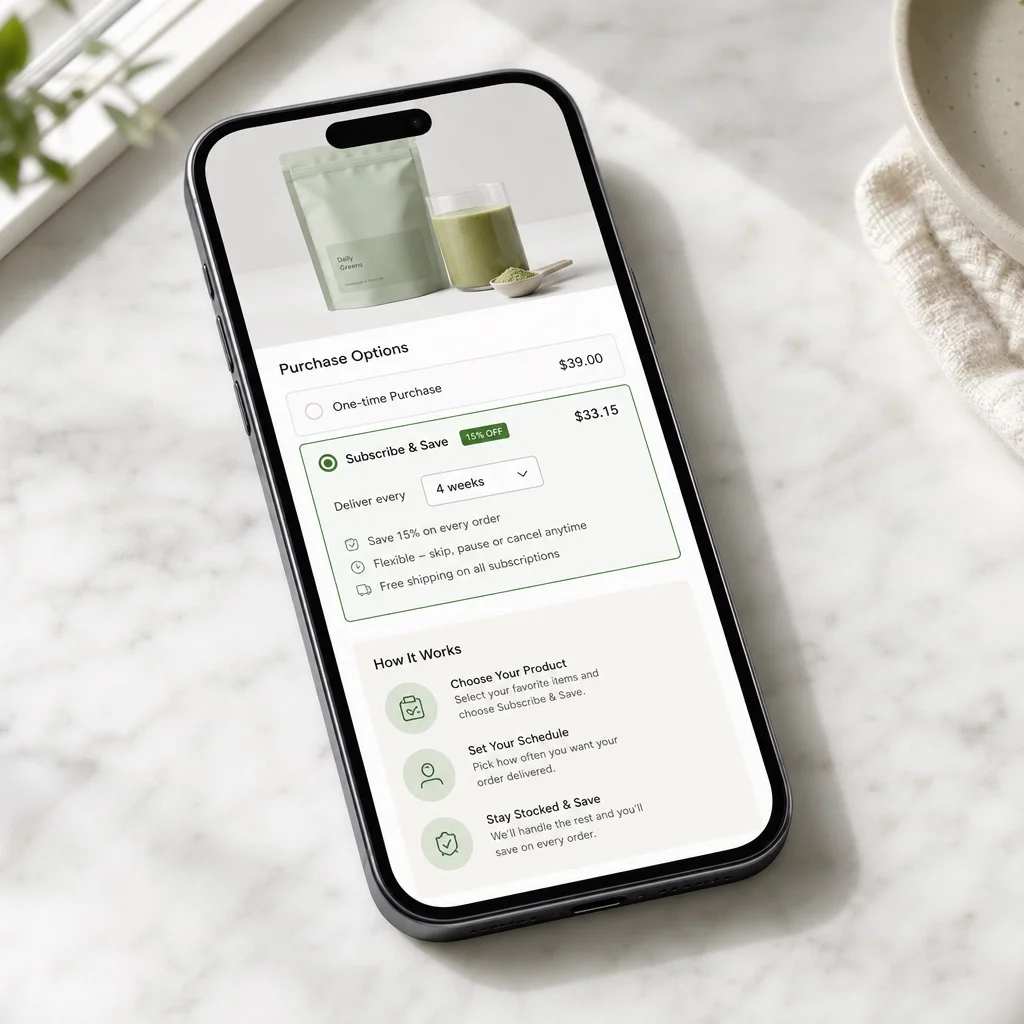 A smartphone showing a clean Shopify subscription product page with a Subscribe and Save toggle prominently selected, a discount badge, and a How it works section below — on white marble, soft natural light