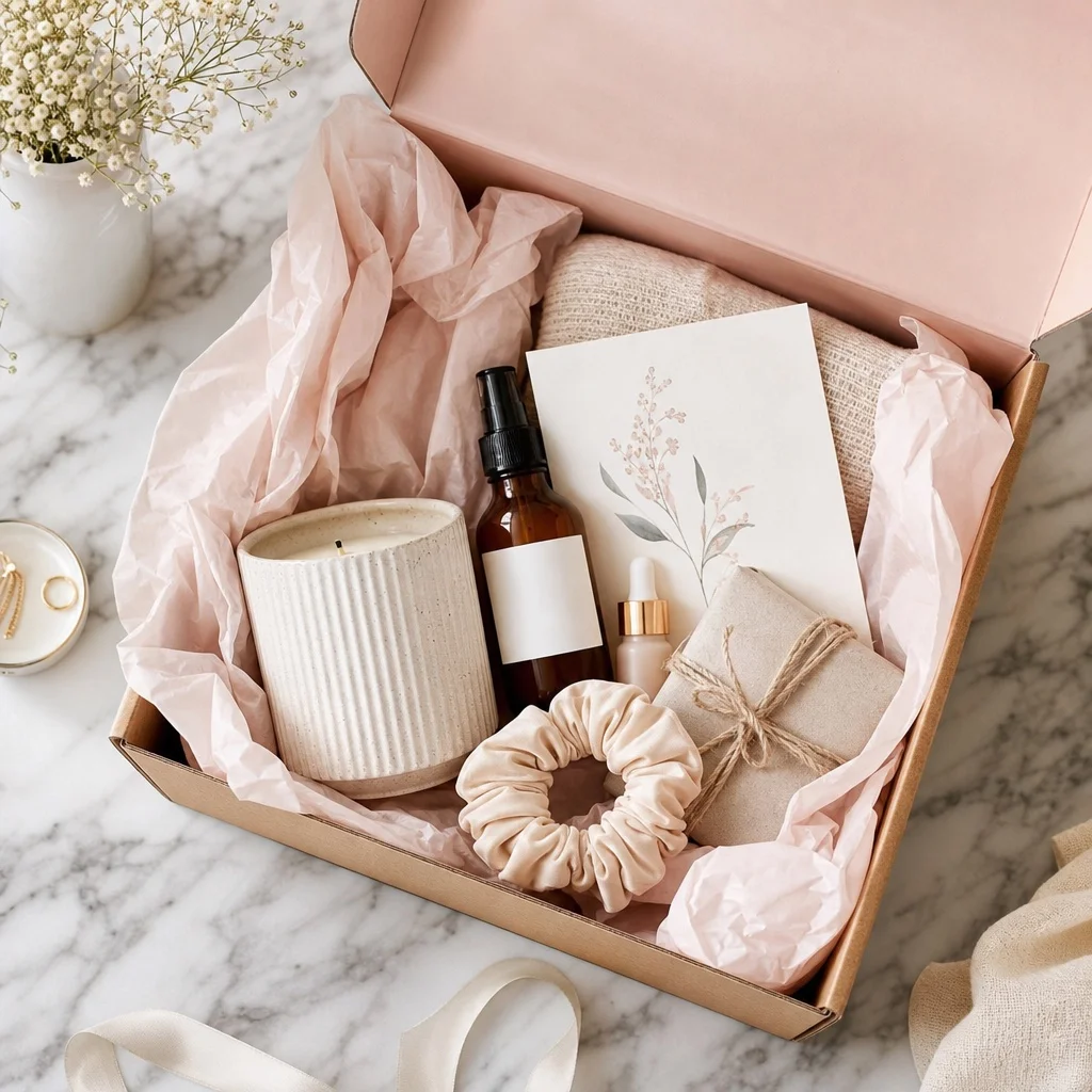 A flatlay of a subscription first box open on white marble with a handwritten welcome card, a small gift item, and product samples wrapped in pastel tissue paper — editorial overhead photography