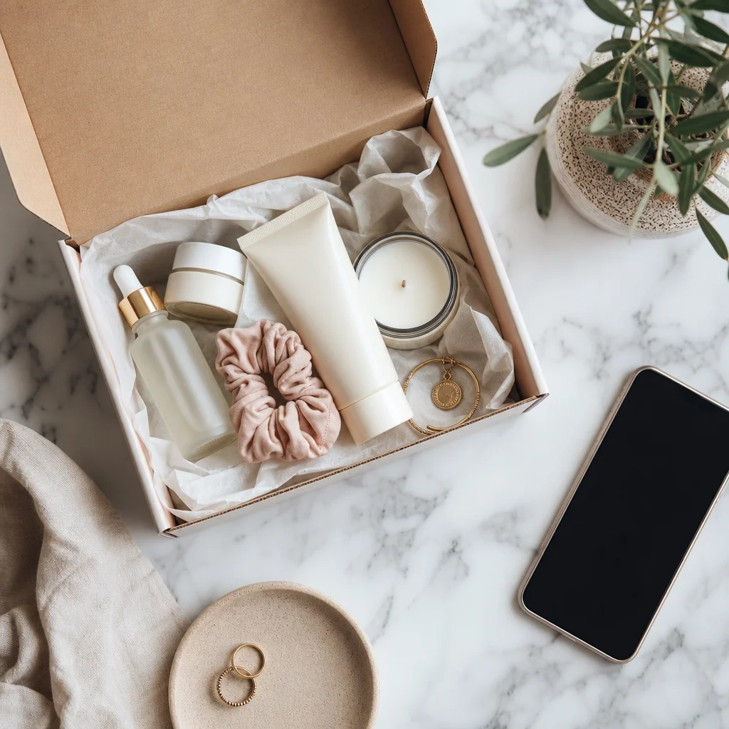 A flatlay of subscription box products arranged for a social media unboxing shot on white marble — skincare products, a candle, small accessories in tissue paper — with a smartphone positioned to film, soft natural overhead light