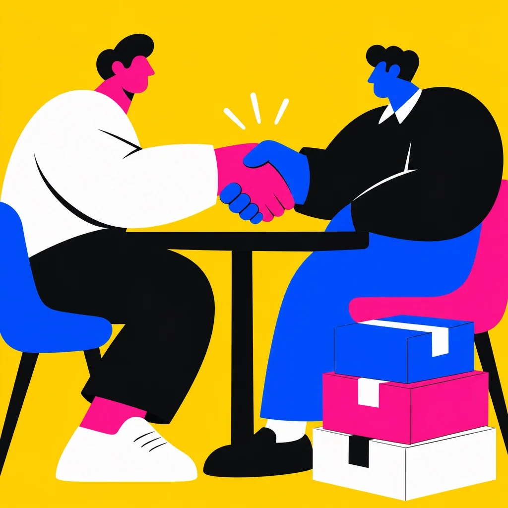 Bold illustration of a chunky abstract figure shaking hands with another figure over a contract, with three subscription boxes lined up beside them on a bright yellow background