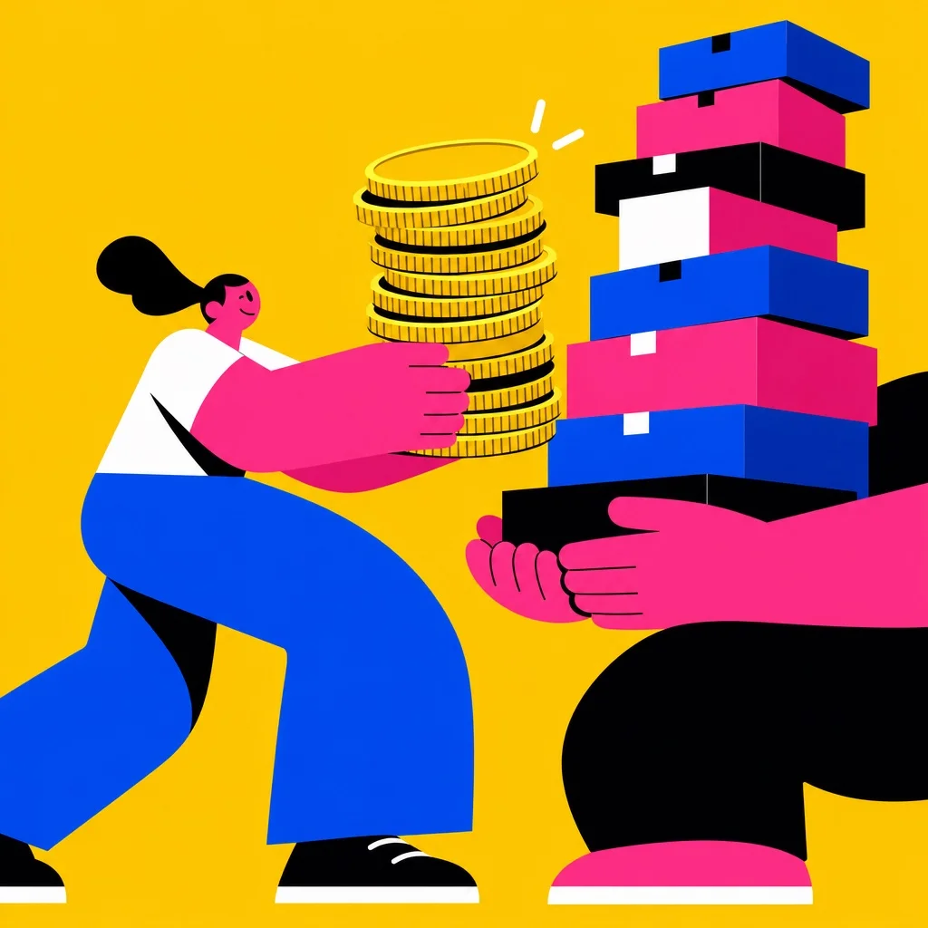 Bold illustration of a chunky abstract figure handing over a large stack of coins upfront to receive a tall tower of subscription boxes in return — bright yellow background